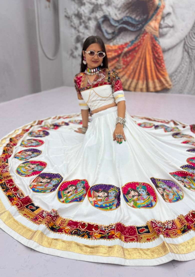 White Printed Cotton Lehenga Set - Indya