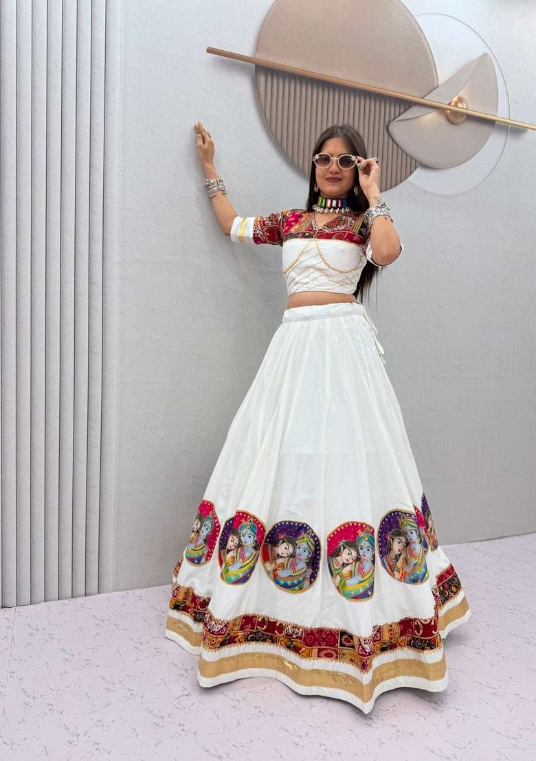 White Printed Cotton Lehenga Set for Diwali and Festive Wear - Indya