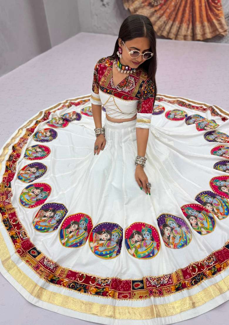 White Printed Cotton Lehenga Set - Indya