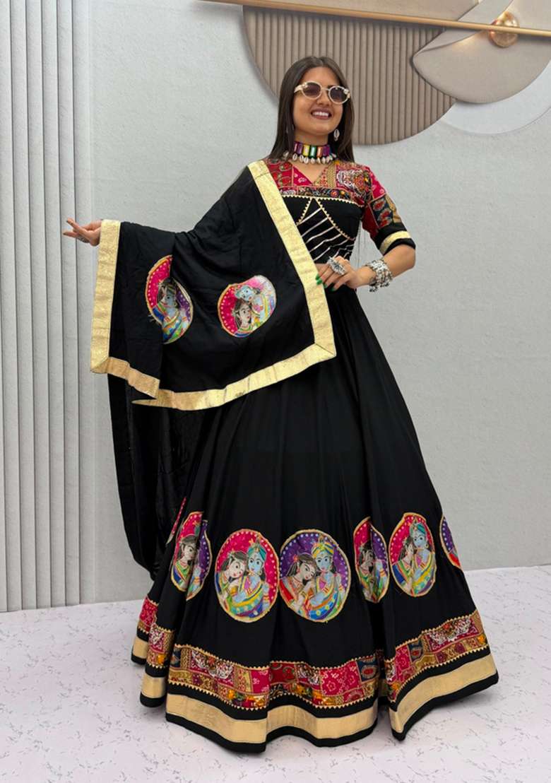 Black Printed Cotton Lehenga Set - Indya
