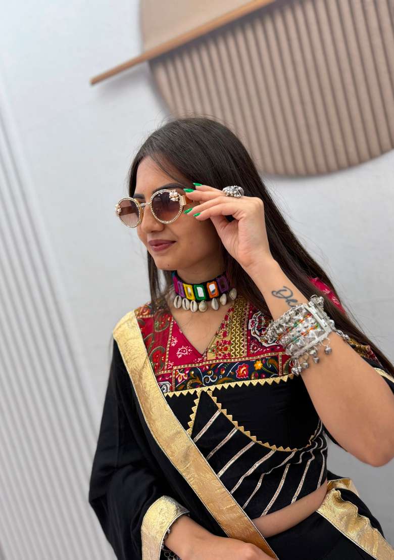 Black Printed Cotton Lehenga Set - Indya