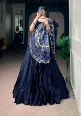 Blue Printed Silk Lehenga Set for Diwali and Festive Wear