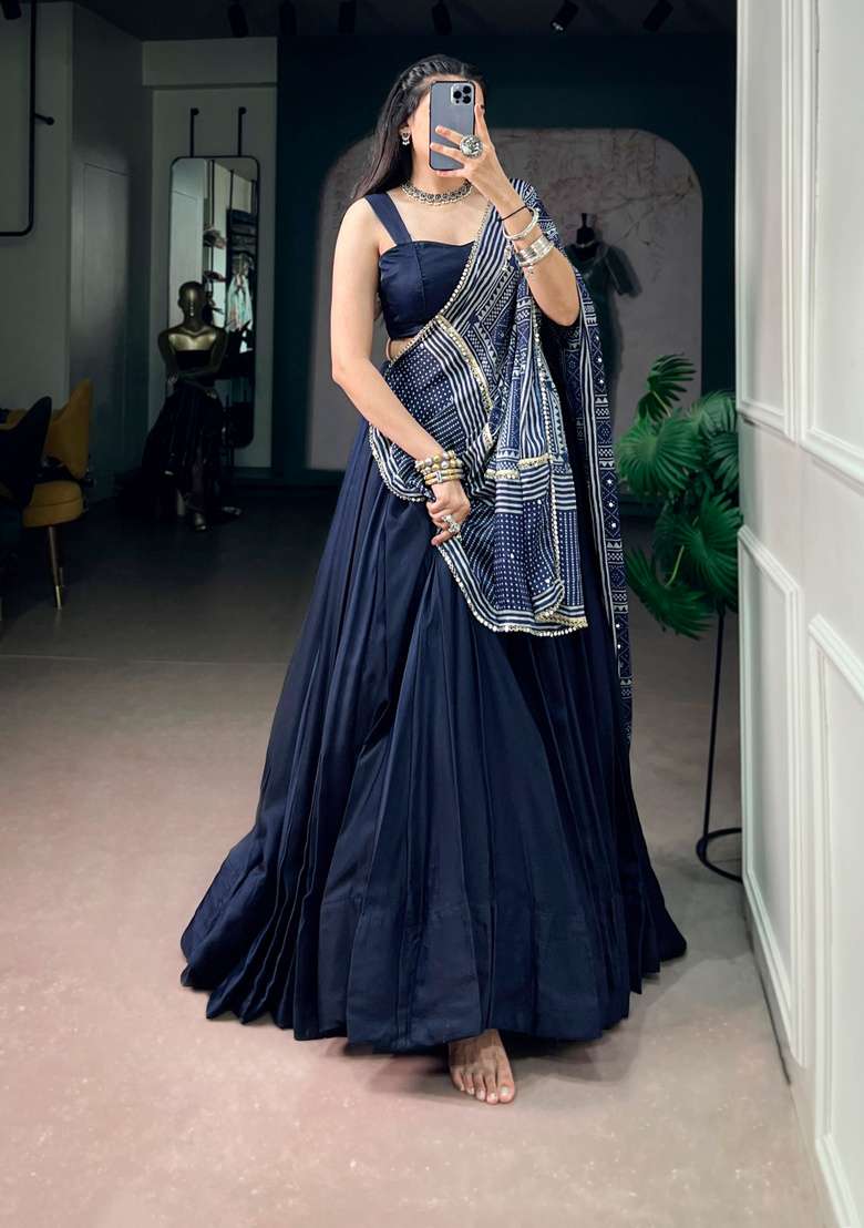Blue Printed Silk Lehenga Set - Indya