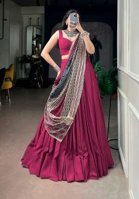 Maroon And Pink Mirror Work Rayon Lehenga Set for Diwali and Festive Wear