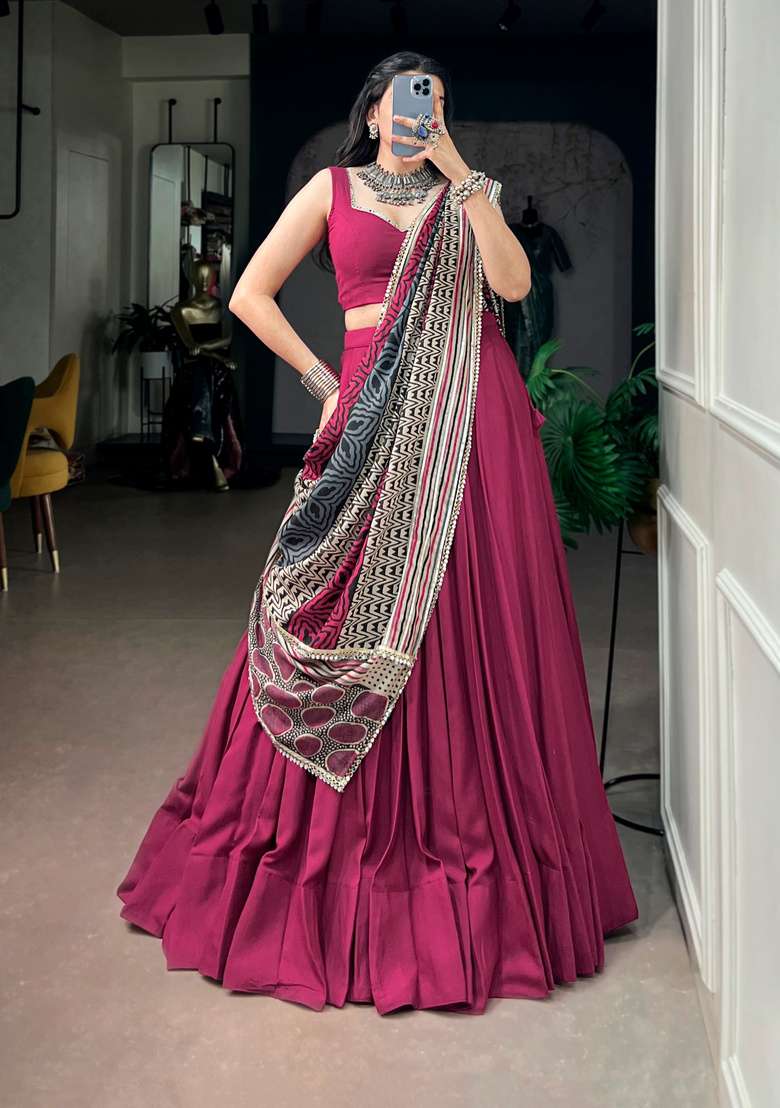 Maroon And Pink Mirror Work Rayon Lehenga Set for Diwali and Festive Wear - Indya