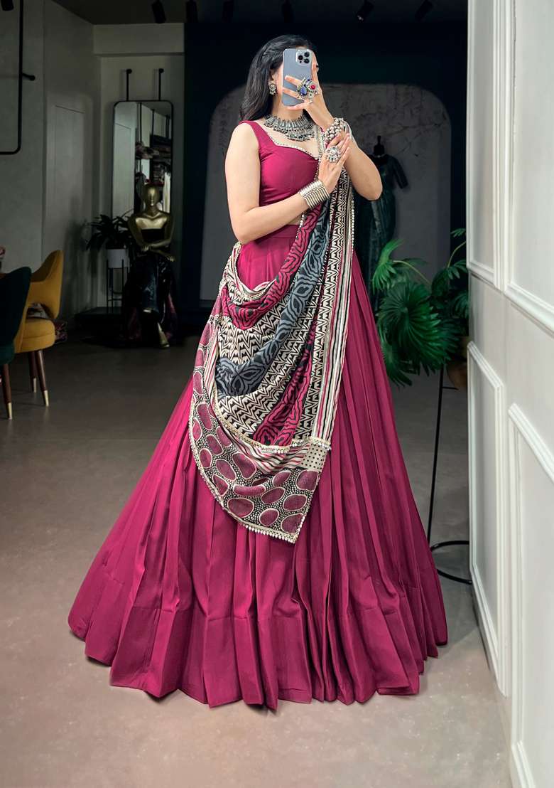 Maroon And Pink Mirror Work Rayon Lehenga Set - Indya