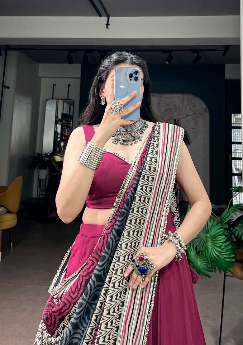 Maroon And Pink Mirror Work Rayon Lehenga Set for Diwali and Festive Wear - Indya