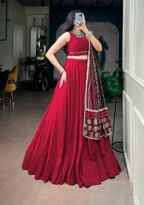 Red Rayon Lehenga Set with Mirror Work for Diwali | Wedding & Festive Wear