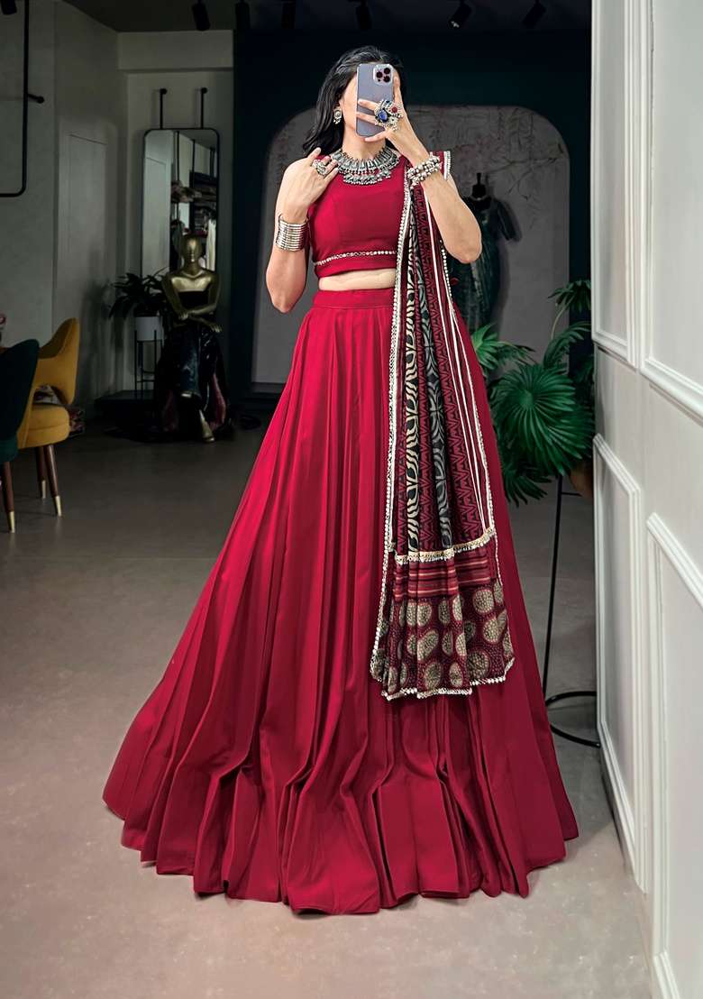 Red Mirror Work Rayon Lehenga Set - Indya