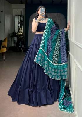 Navy Blue Rayon Lehenga Set with Mirror Work for Diwali | Wedding & Festive Wear