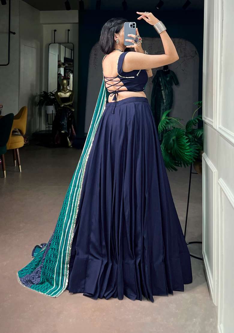 Navy Blue Mirror Work Rayon Lehenga Set - Indya