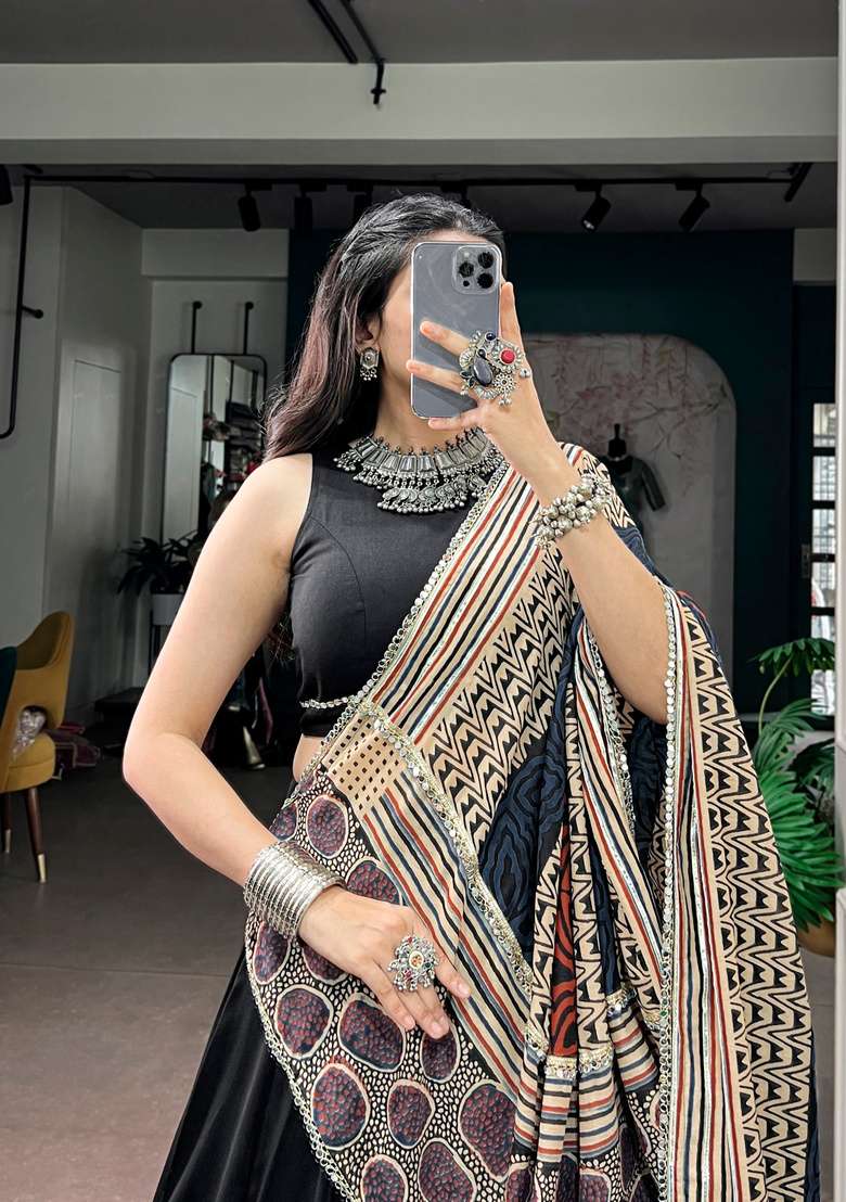 Black Mirror Work Rayon Lehenga Set - Indya