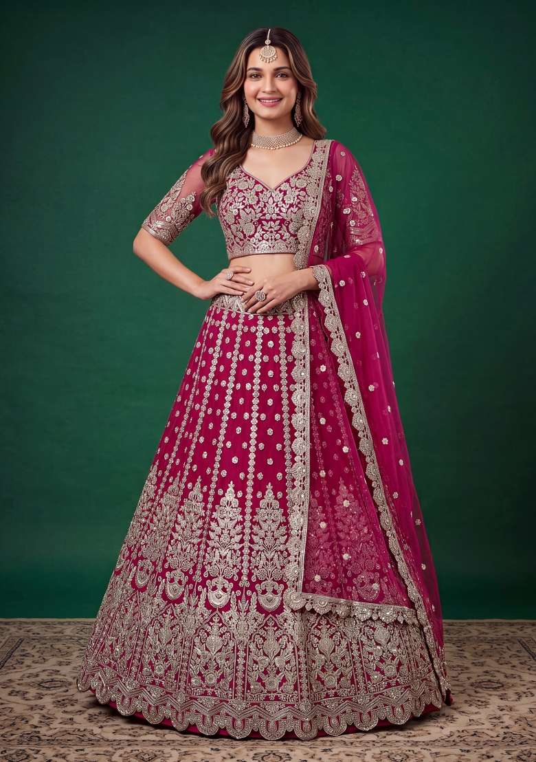 Pink Embroidered Net Lehenga Set - Indya