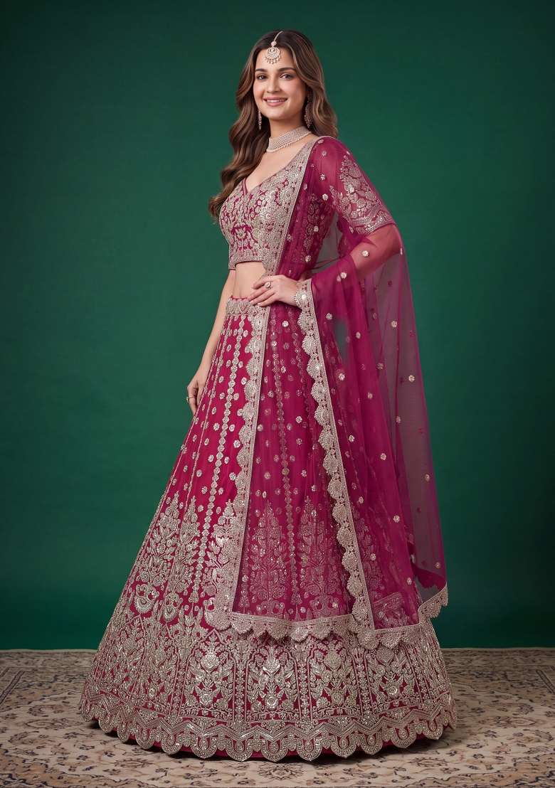 Pink Embroidered Net Lehenga Set - Indya