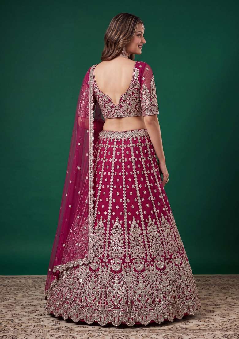 Pink Embroidered Net Lehenga Set - Indya