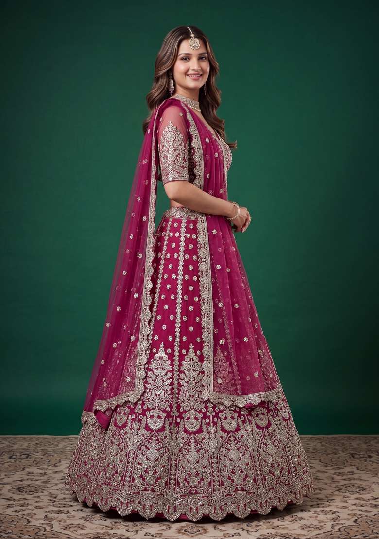 Pink Embroidered Net Lehenga Set - Indya