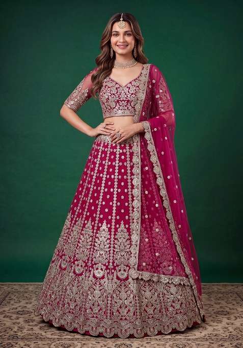 Pink Embroidered Net Lehenga Set