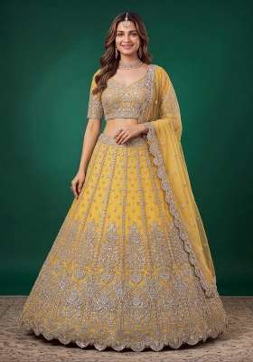 Yellow Embroidered Net Lehenga Set