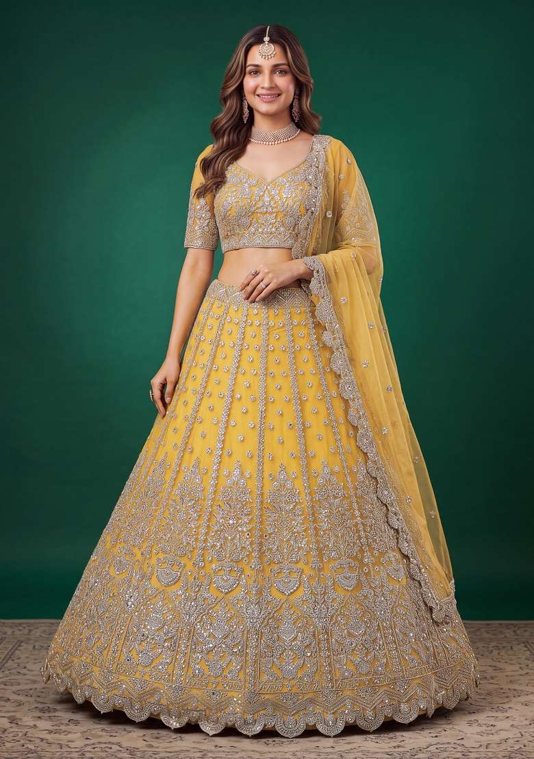 Yellow Embroidered Net Lehenga Set - Indya