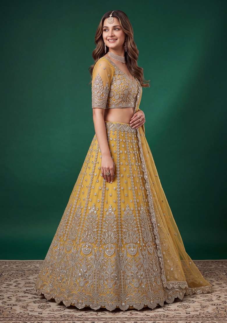 Yellow Embroidered Net Lehenga Set - Indya