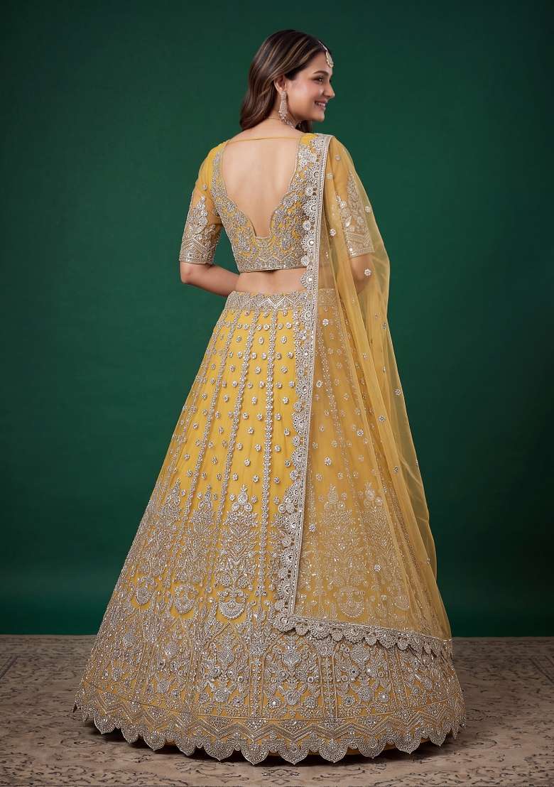 Yellow Embroidered Net Lehenga Set - Indya