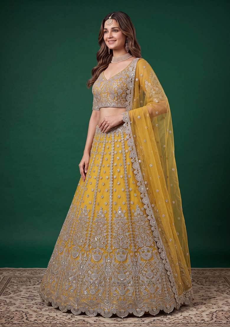 Yellow Embroidered Net Lehenga Set - Indya