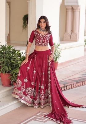 Maroon Embroidered Silk Lehenga Set