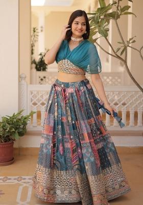 Blue Embroidered Silk Lehenga Set