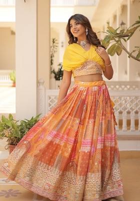 Orange Embroidered Silk Lehenga Set