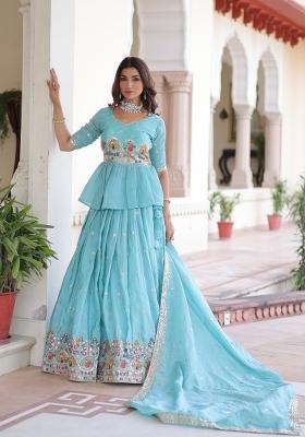 Sky Blue Embroidered Silk Lehenga Set