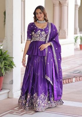 Purple Embroidered Silk Lehenga Set