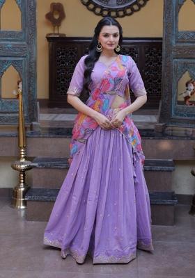 Lavender Embroidered Silk Lehenga Set