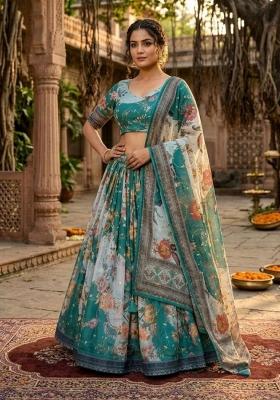 Blue Embroidered Silk Lehenga Set