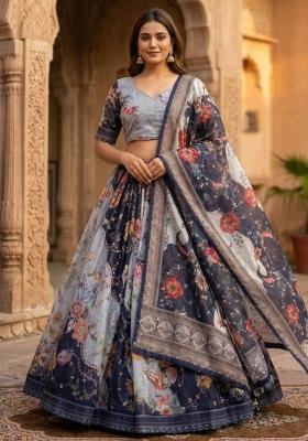 Grey Embroidered Silk Lehenga Set