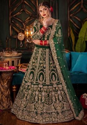 Dark Green Embroidered Velvet Lehenga Set