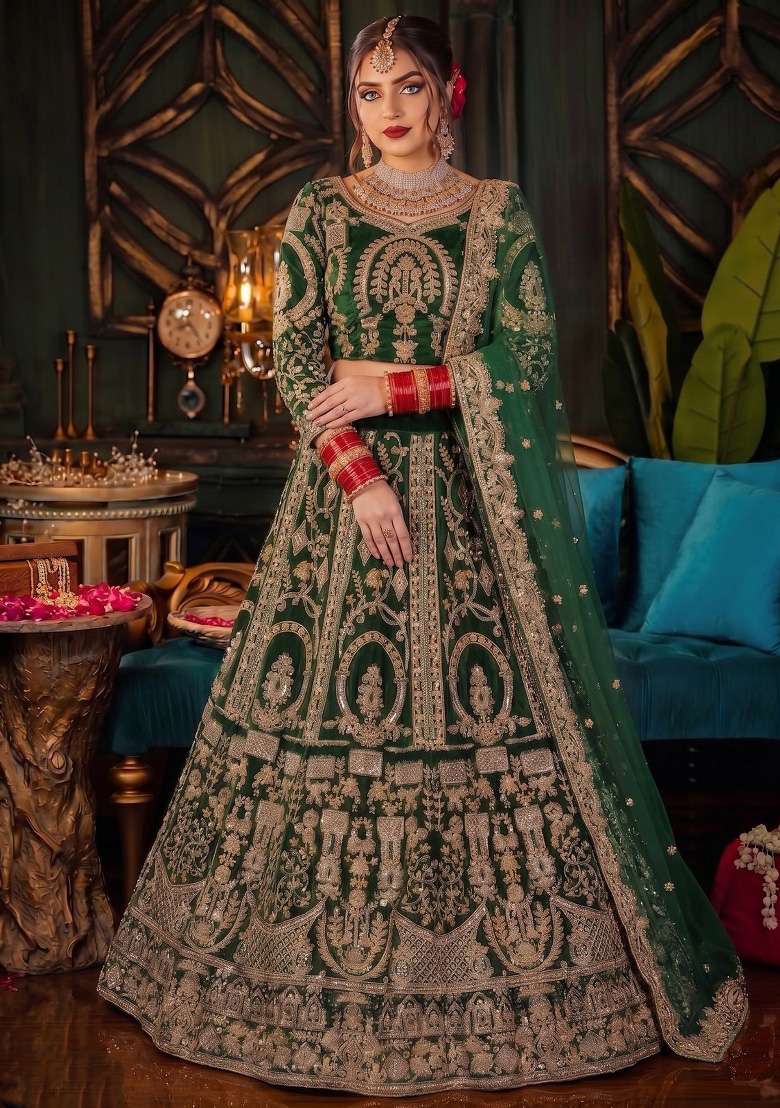 Dark Green Embroidered Velvet Lehenga Set - Indya