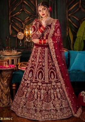 Maroon Embroidered Velvet Lehenga Set