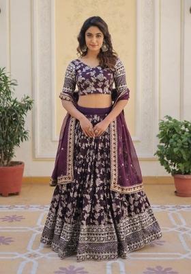 Purple Embroidered Viscose Lehenga Set