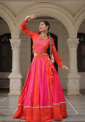 Pink Mirror Work Silk Lehenga Set