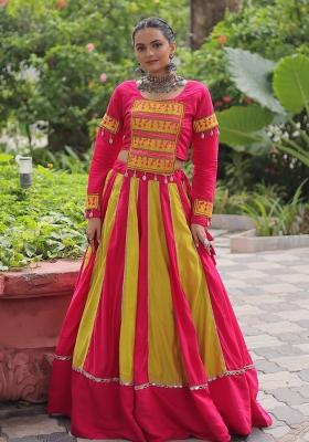 Pink Mirror Work Silk Lehenga Set