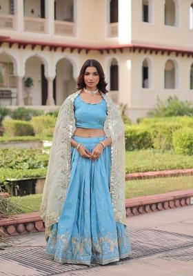 Blue Embroidered Silk Lehenga Set