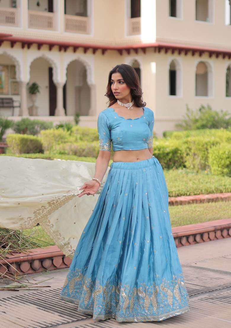 Blue Embroidered Silk Lehenga Set - Indya
