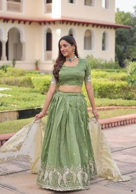 Green Embroidered Silk Lehenga Set