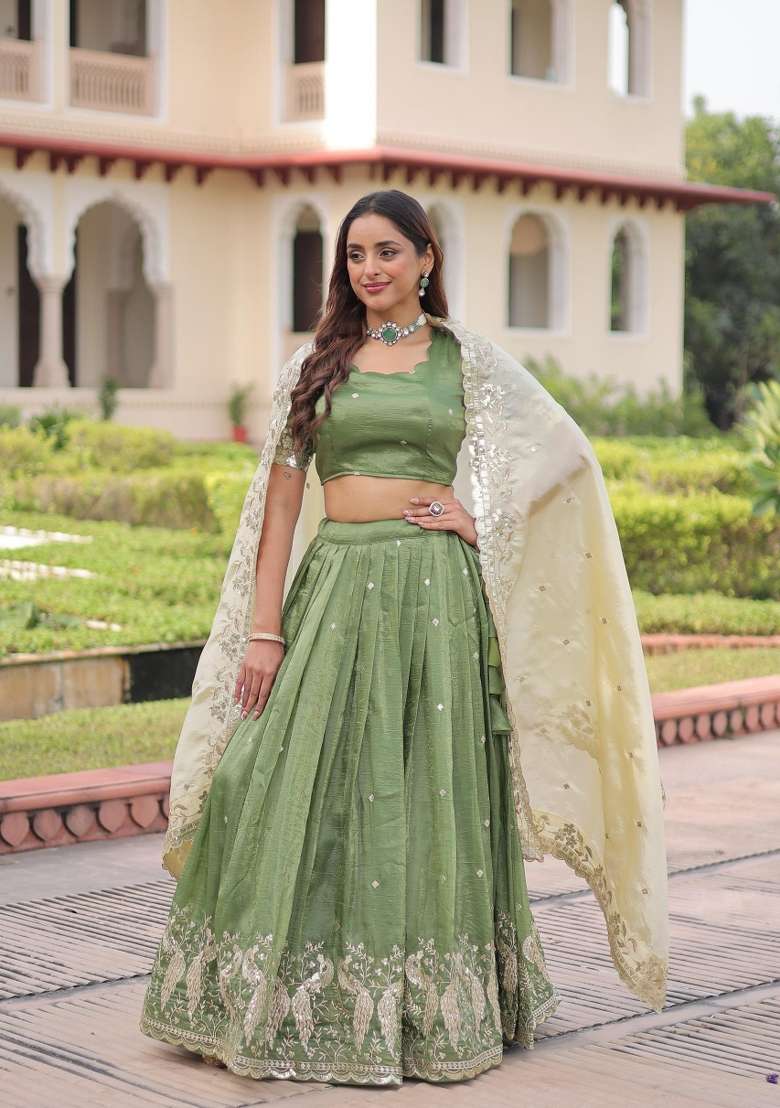 Green Embroidered Silk Lehenga Set for Diwali and Festive Wear - Indya