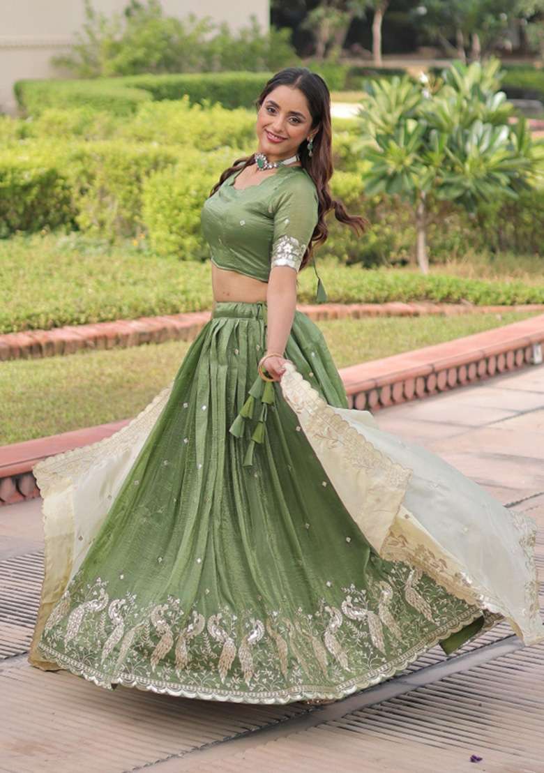 Green Embroidered Silk Lehenga Set for Diwali and Festive Wear - Indya
