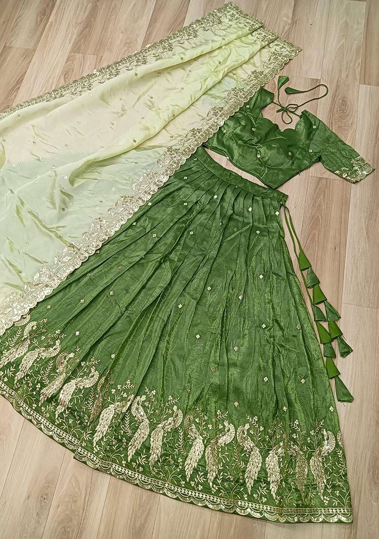 Green Embroidered Silk Lehenga Set for Diwali and Festive Wear - Indya