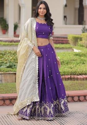 Violet Embroidered Silk Lehenga Set