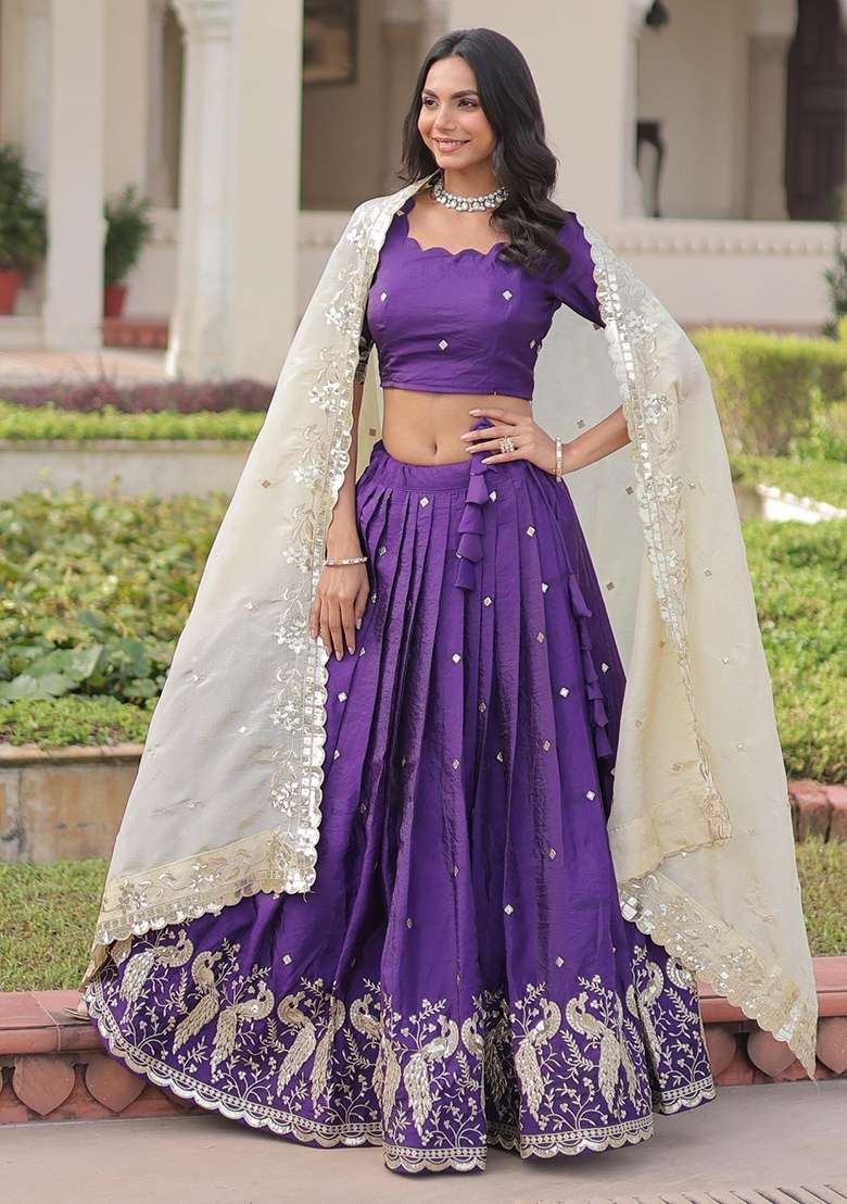 Violet Embroidered Silk Lehenga Set - Indya