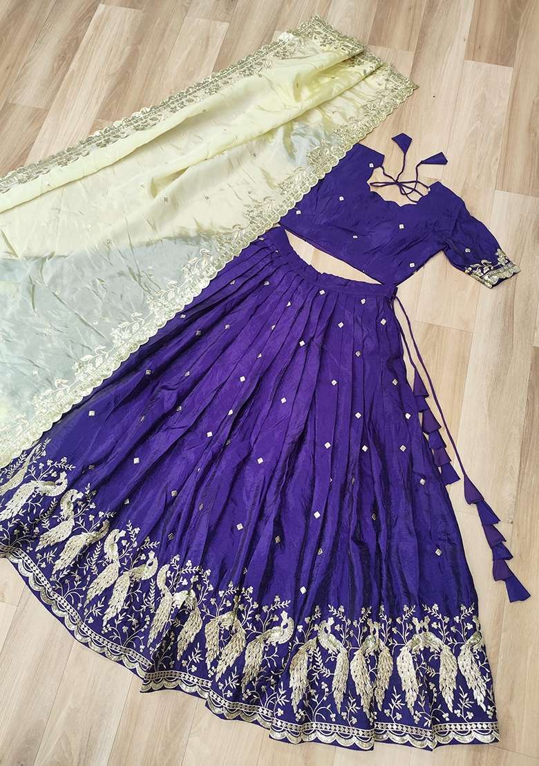 Violet Embroidered Silk Lehenga Set - Indya