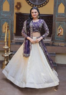 Violet Embroidered Silk Lehenga Set